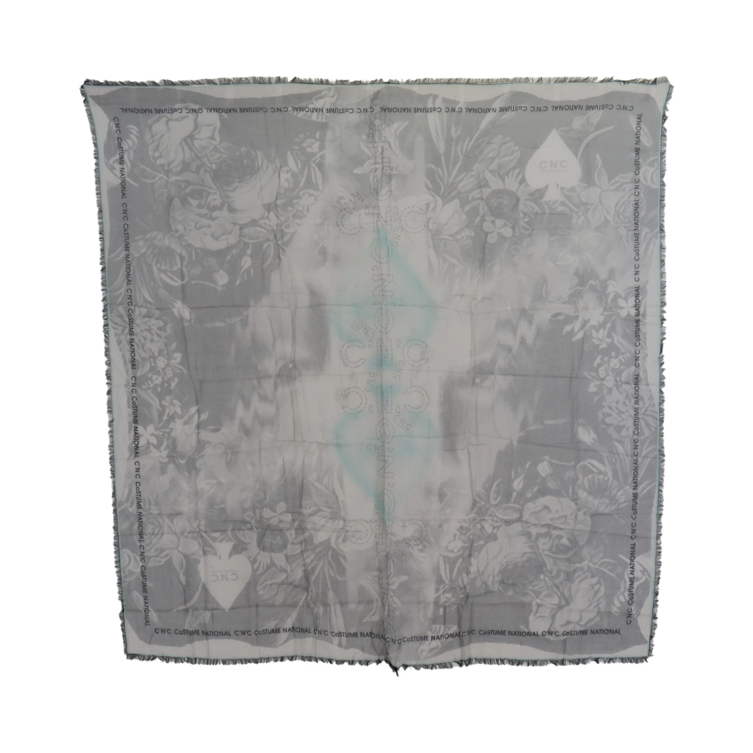 Gray Print Shawl Foulard Fringes Scarf