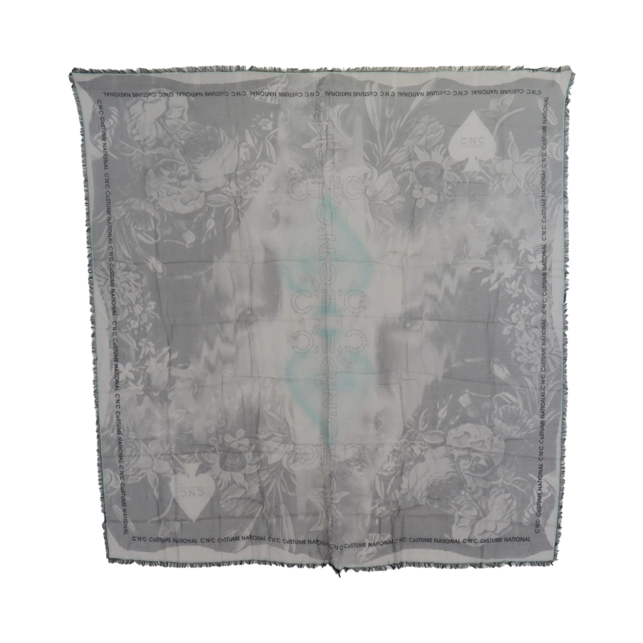 Gray Print Shawl Foulard Fringes Scarf