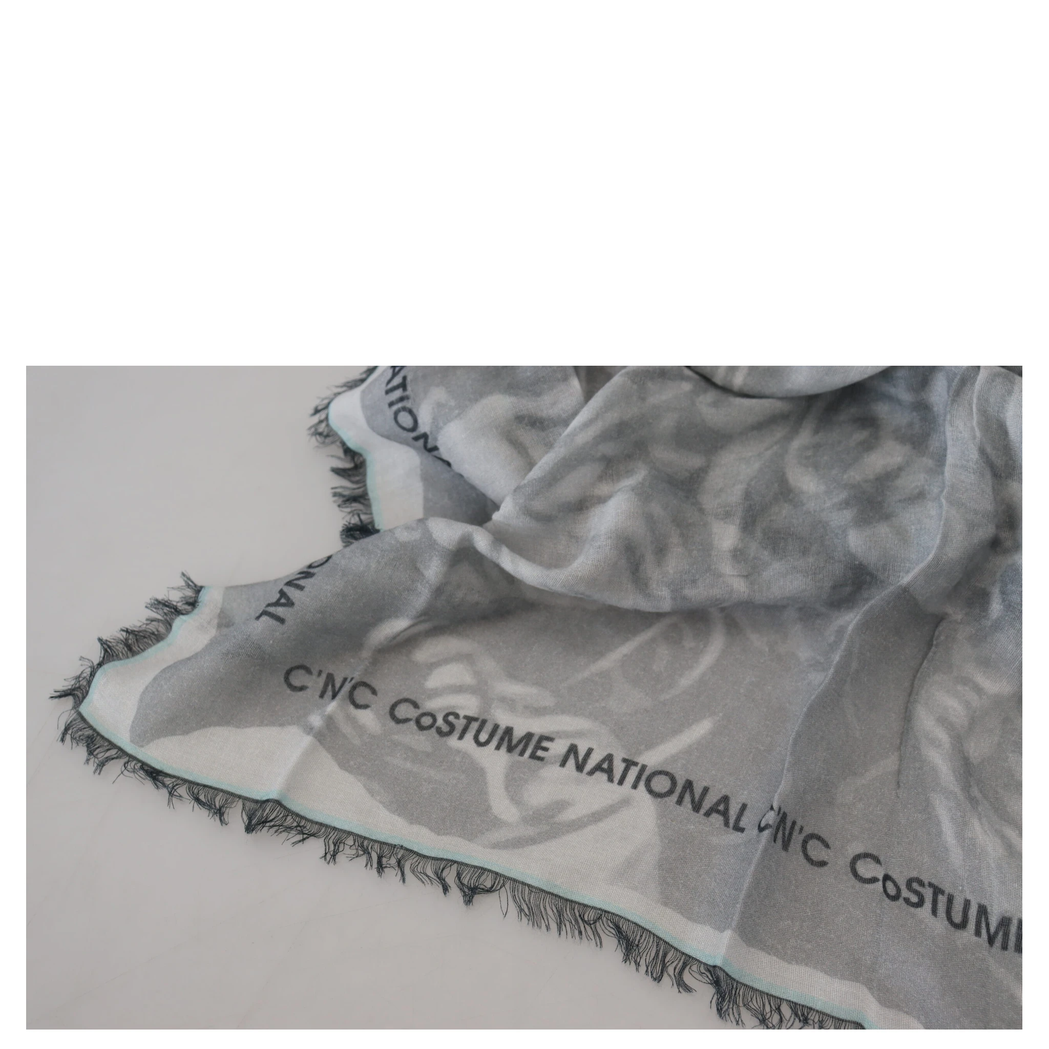 Gray Print Shawl Foulard Fringes Scarf