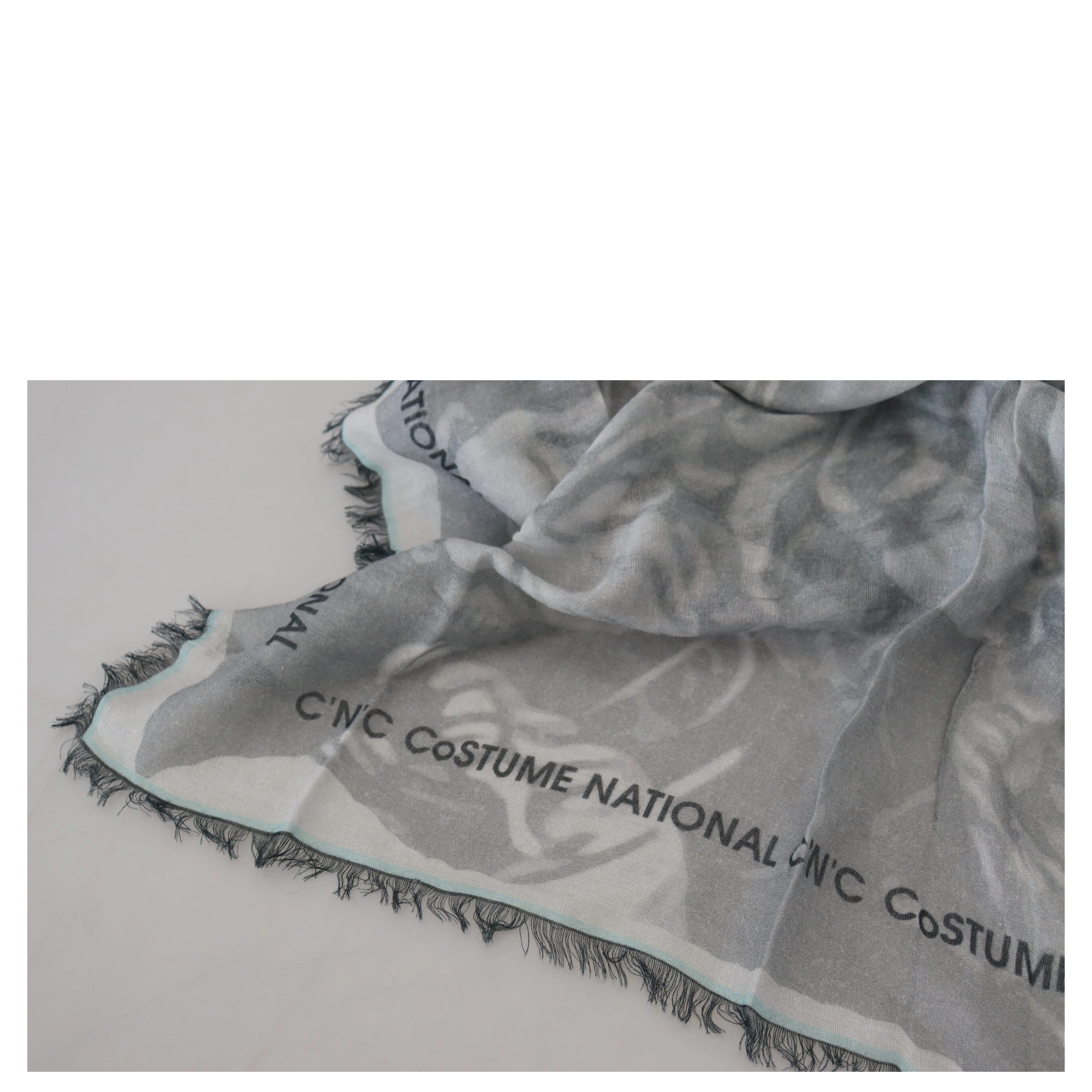 Gray Print Shawl Foulard Fringes Scarf