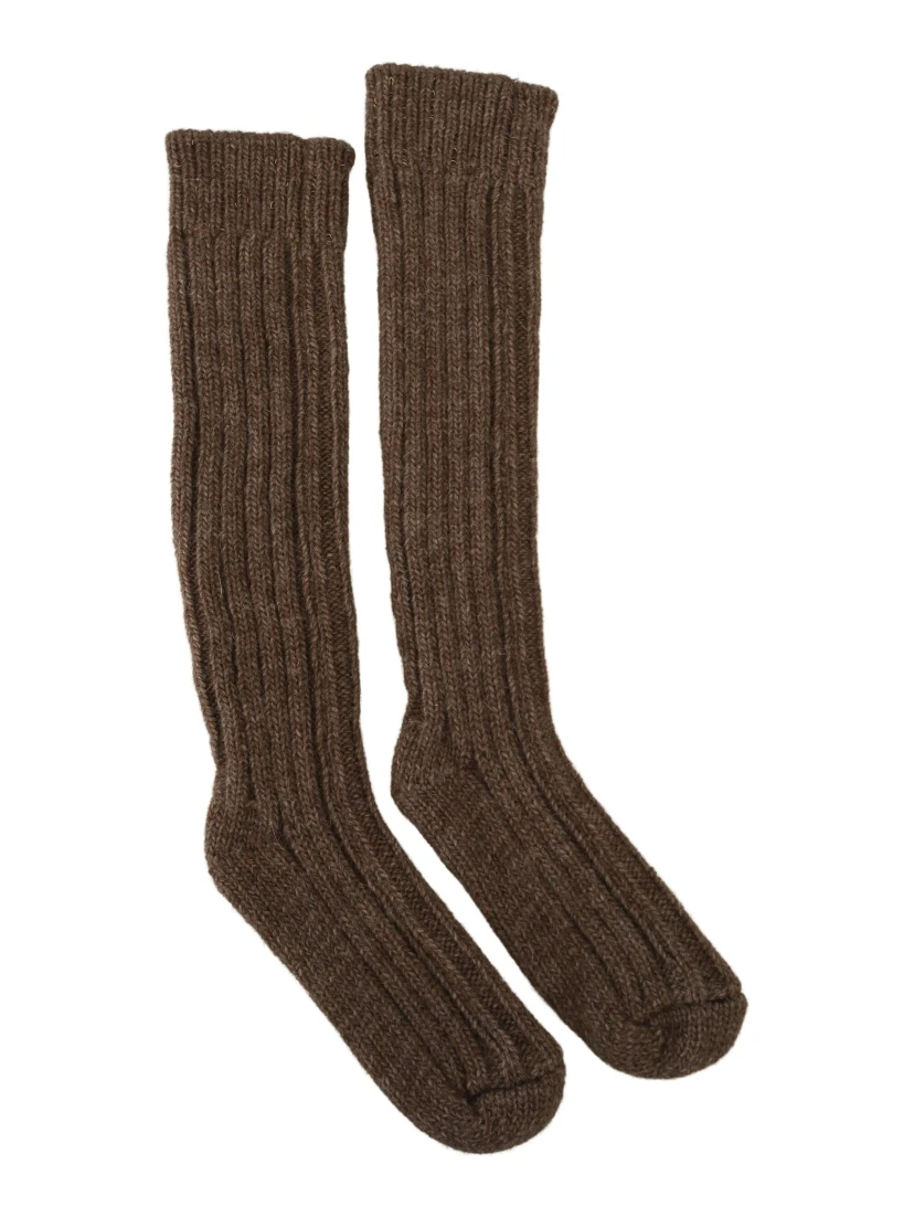Brown Wool Knit Calf Long Women Socks