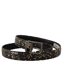 Gold Black Two-toned Leather Chrome Buckle Belt