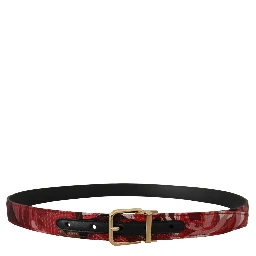 Red Jacquard Rose Leather Gold Metal Buckle Belt