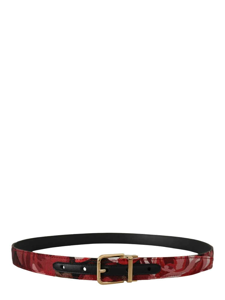 Red Jacquard Rose Leather Gold Metal Buckle Belt