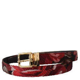 Red Jacquard Rose Leather Gold Metal Buckle Belt