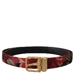 Red Jacquard Rose Leather Gold Metal Buckle Belt