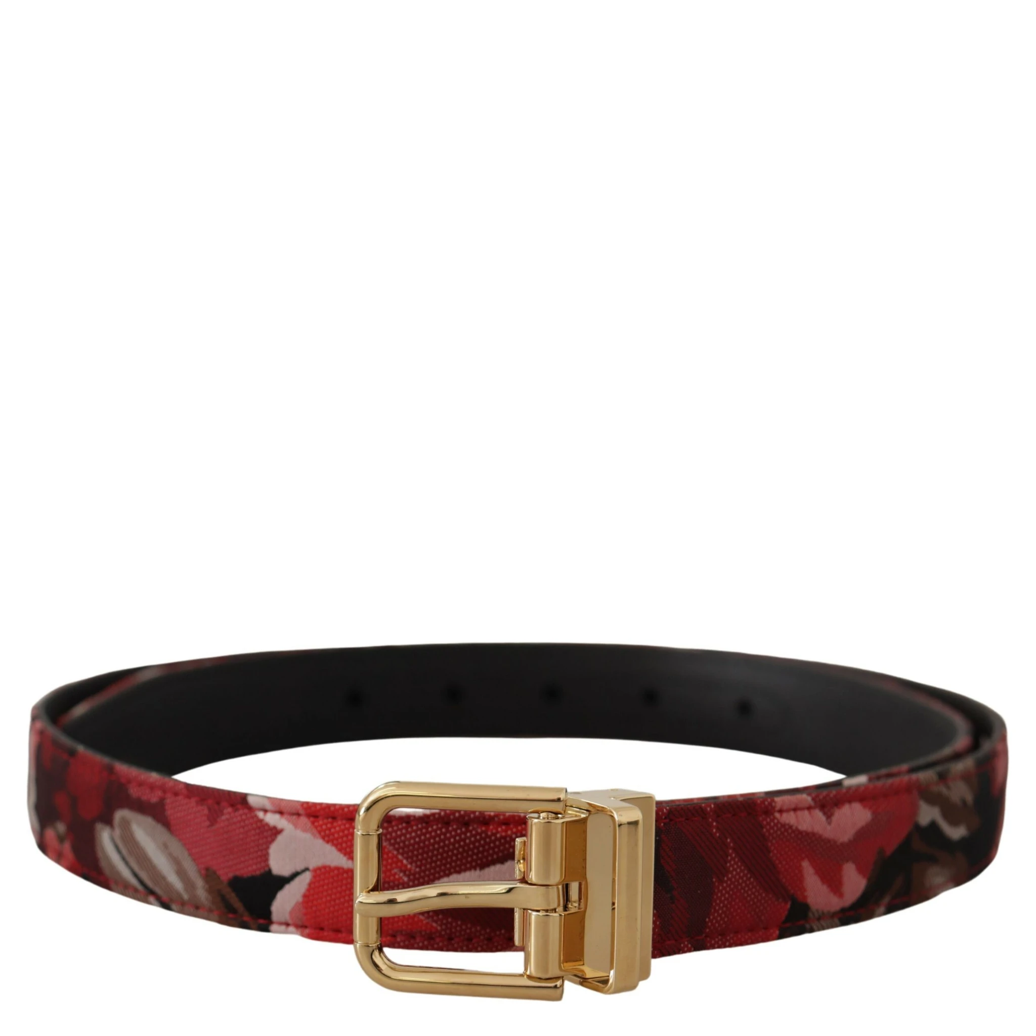 Red Jacquard Rose Leather Gold Metal Buckle Belt
