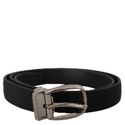 Black Grosgrain Leather Silver Logo Buckle Belt