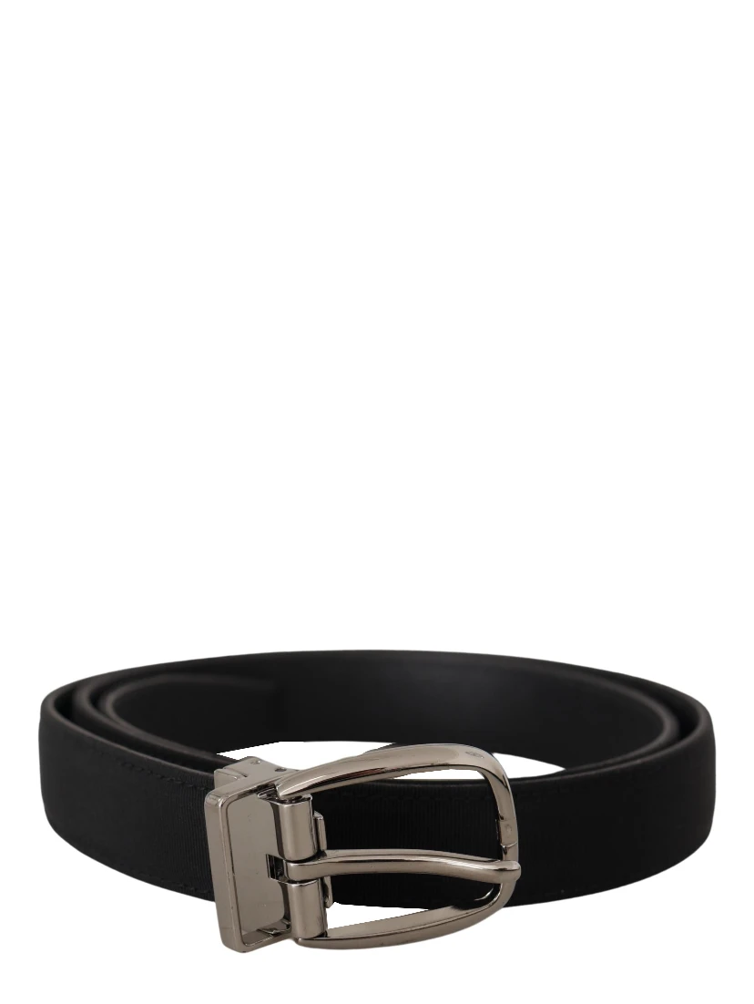 Black Grosgrain Leather Silver Logo Buckle Belt