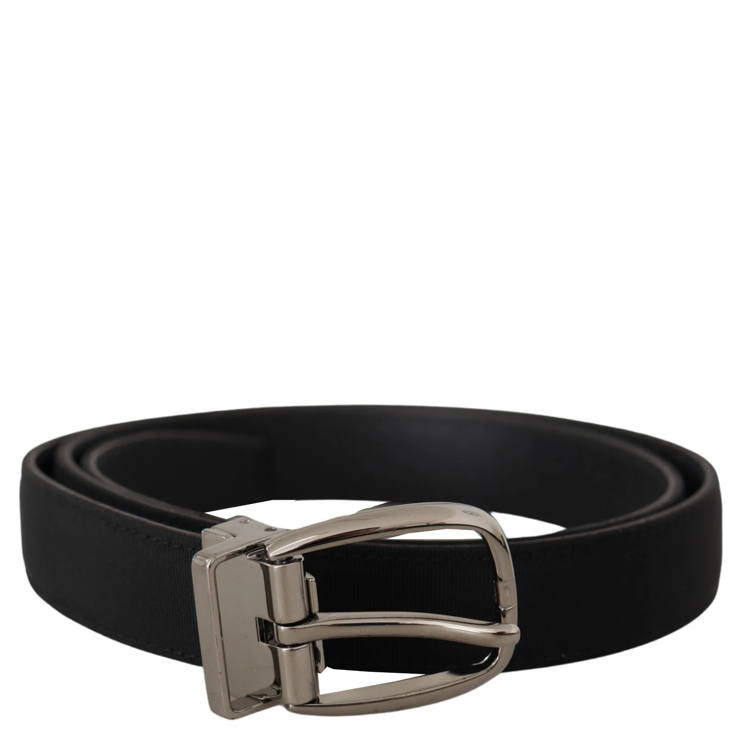 Black Grosgrain Leather Silver Logo Buckle Belt