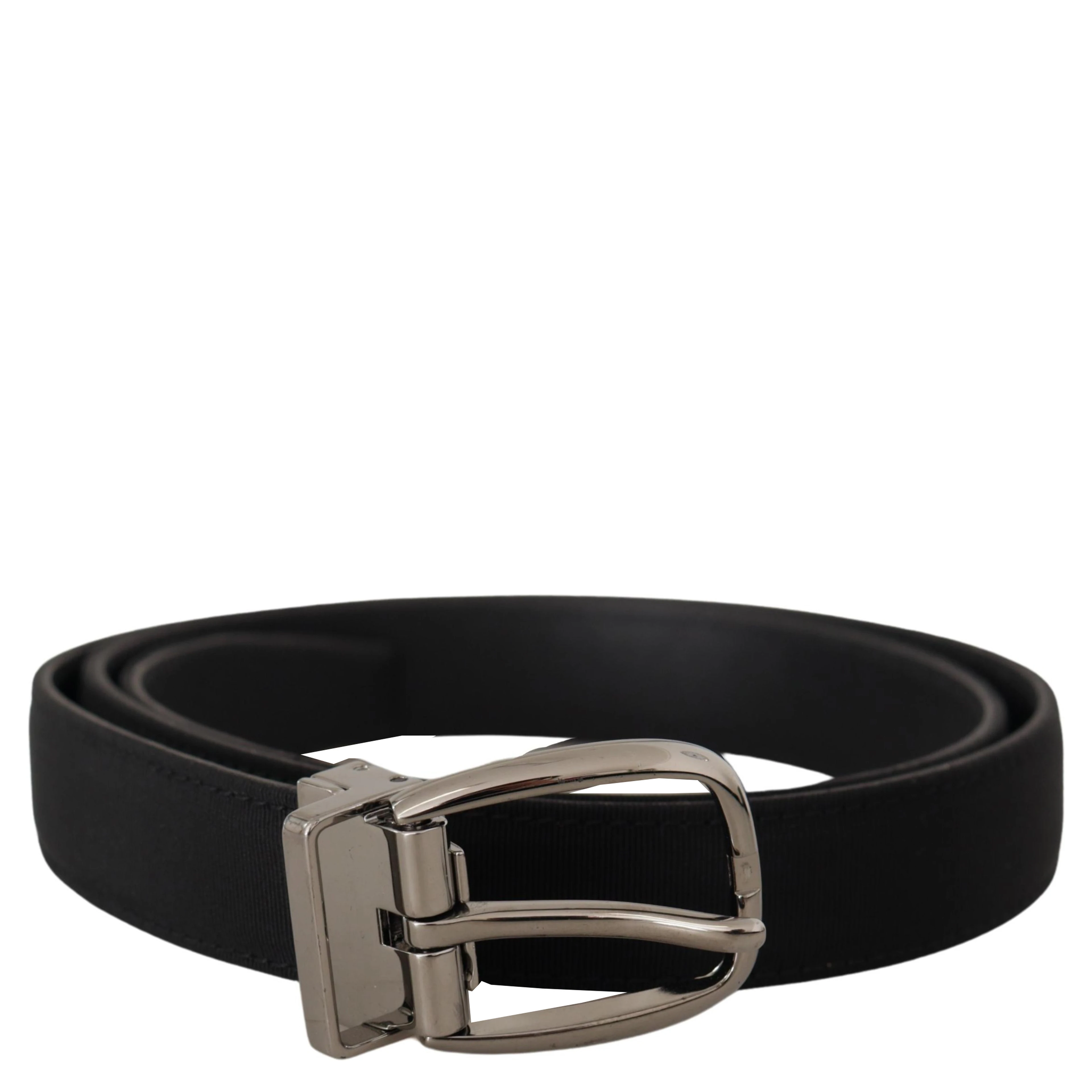 Black Grosgrain Leather Silver Logo Buckle Belt