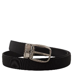 Black Grosgrain Leather Silver Logo Buckle Belt