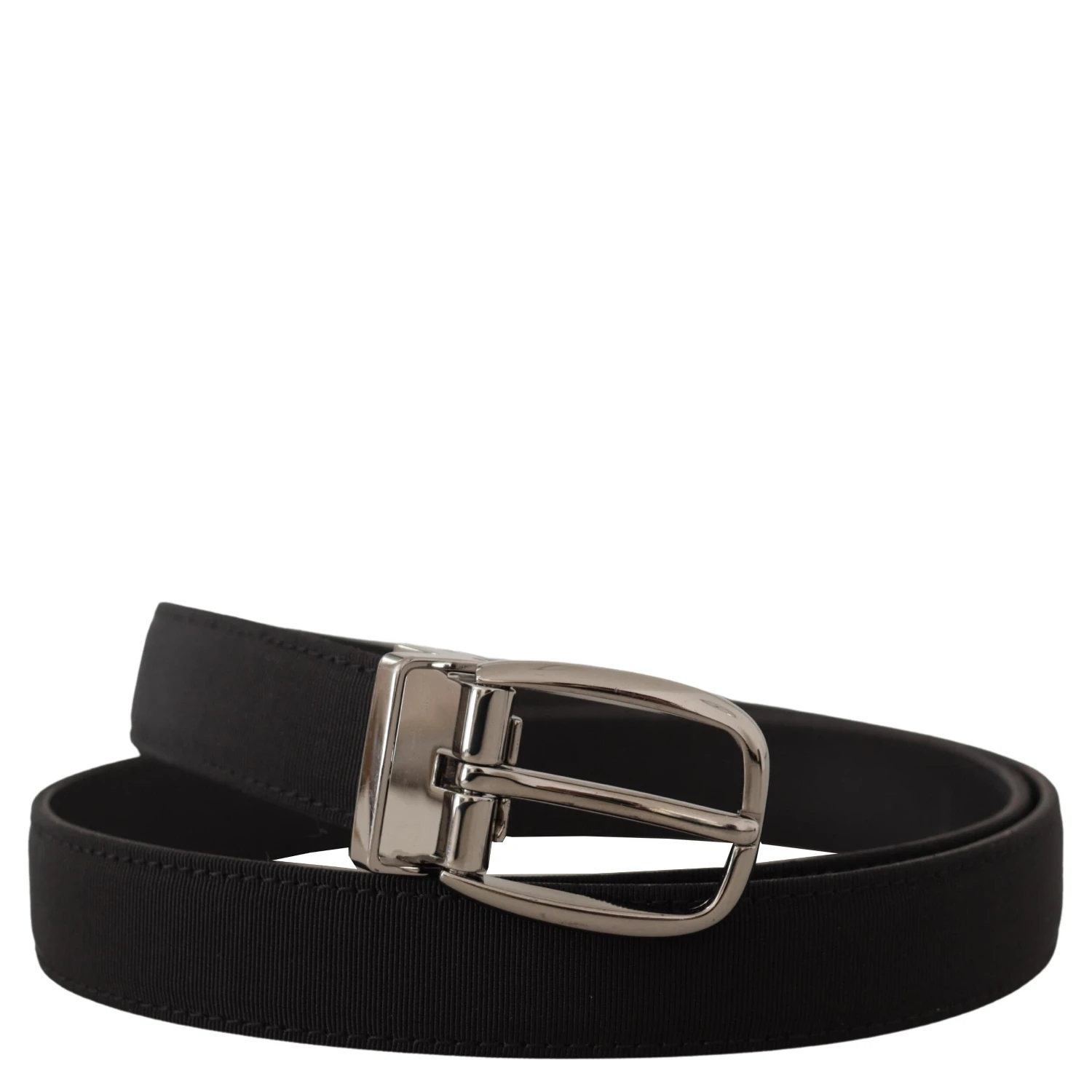 Black Grosgrain Leather Silver Logo Buckle Belt