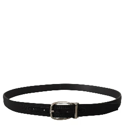 Black Grosgrain Leather Silver Logo Buckle Belt