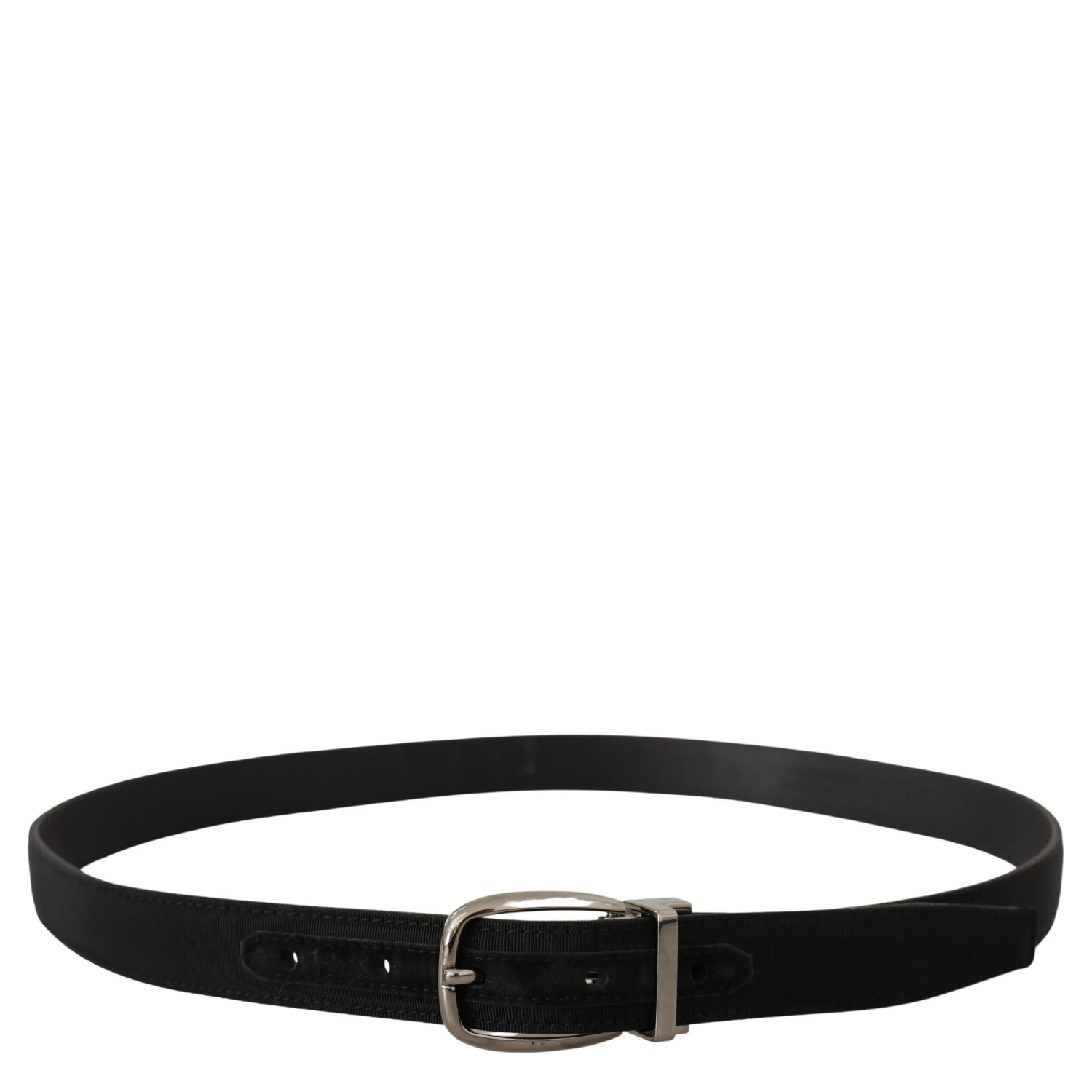 Black Grosgrain Leather Silver Logo Buckle Belt