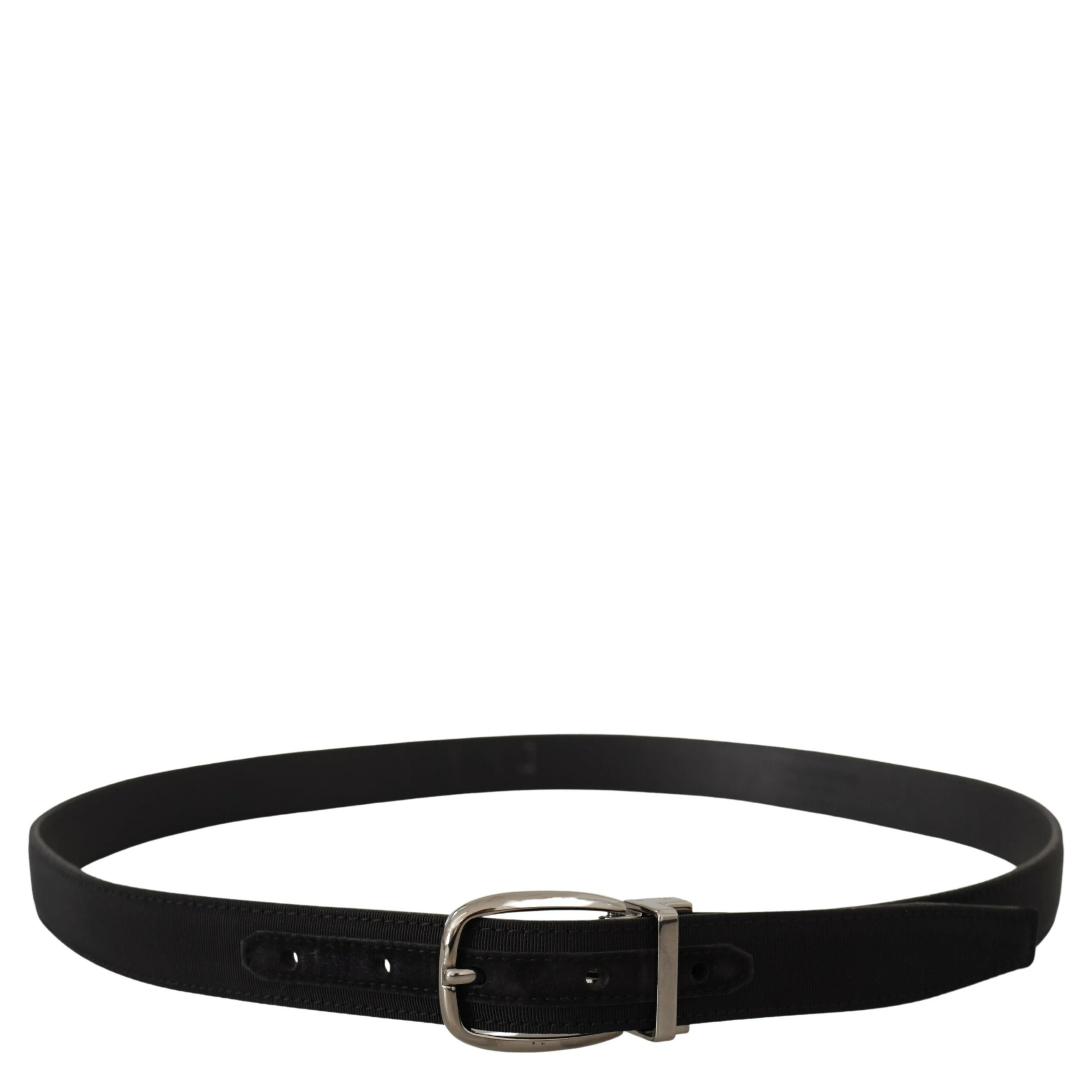 Black Grosgrain Leather Silver Logo Buckle Belt