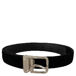 Black Velvet Silver Tone Metal Logo Buckle Belt