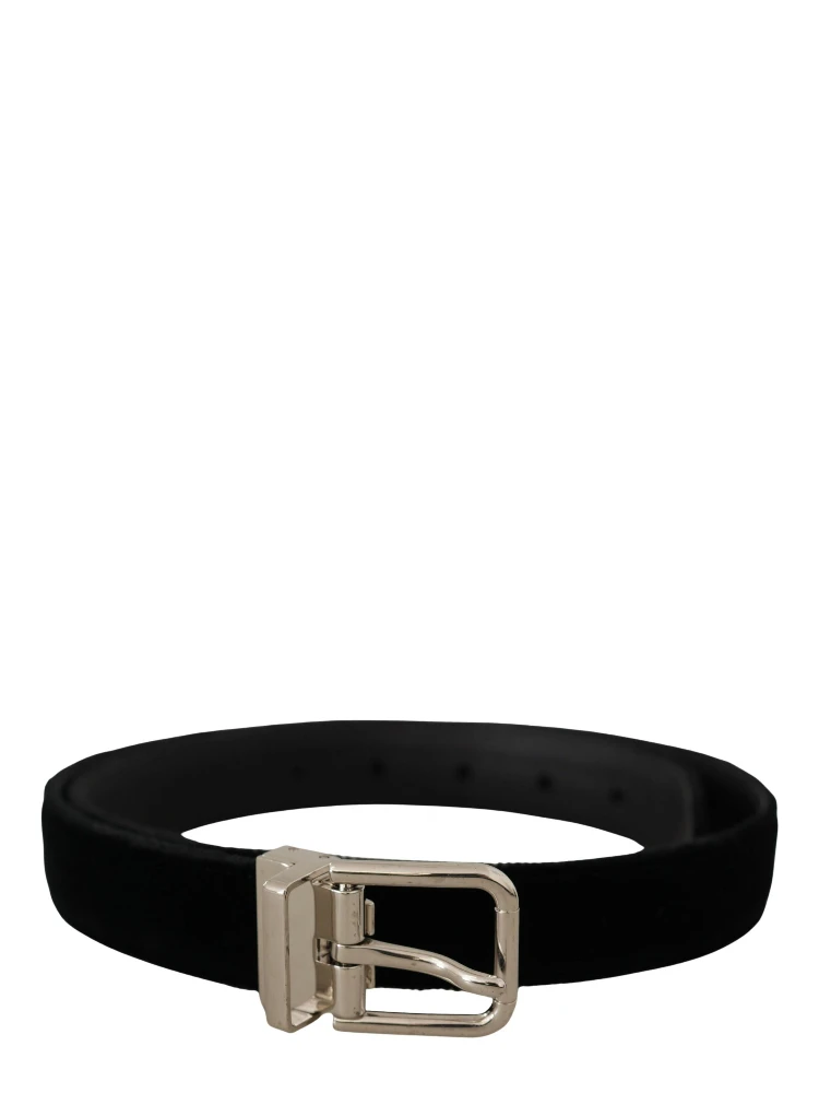 Black Velvet Silver Tone Metal Logo Buckle Belt