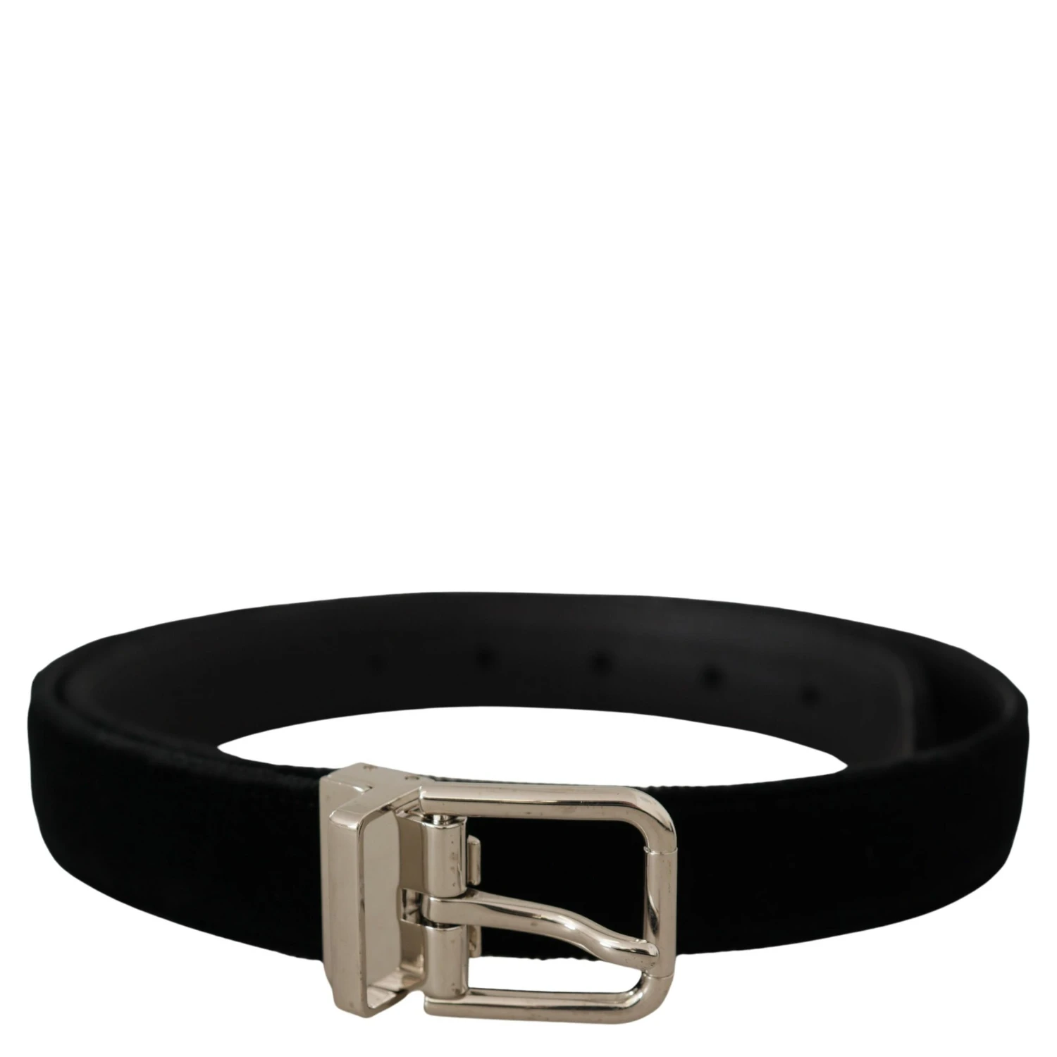 Black Velvet Silver Tone Metal Logo Buckle Belt