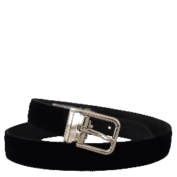 Black Velvet Silver Tone Metal Logo Buckle Belt