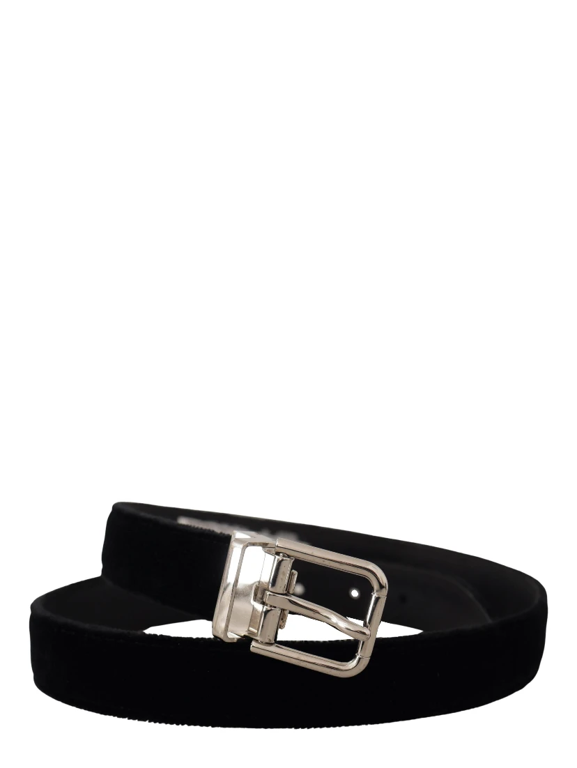 Black Velvet Silver Tone Metal Logo Buckle Belt