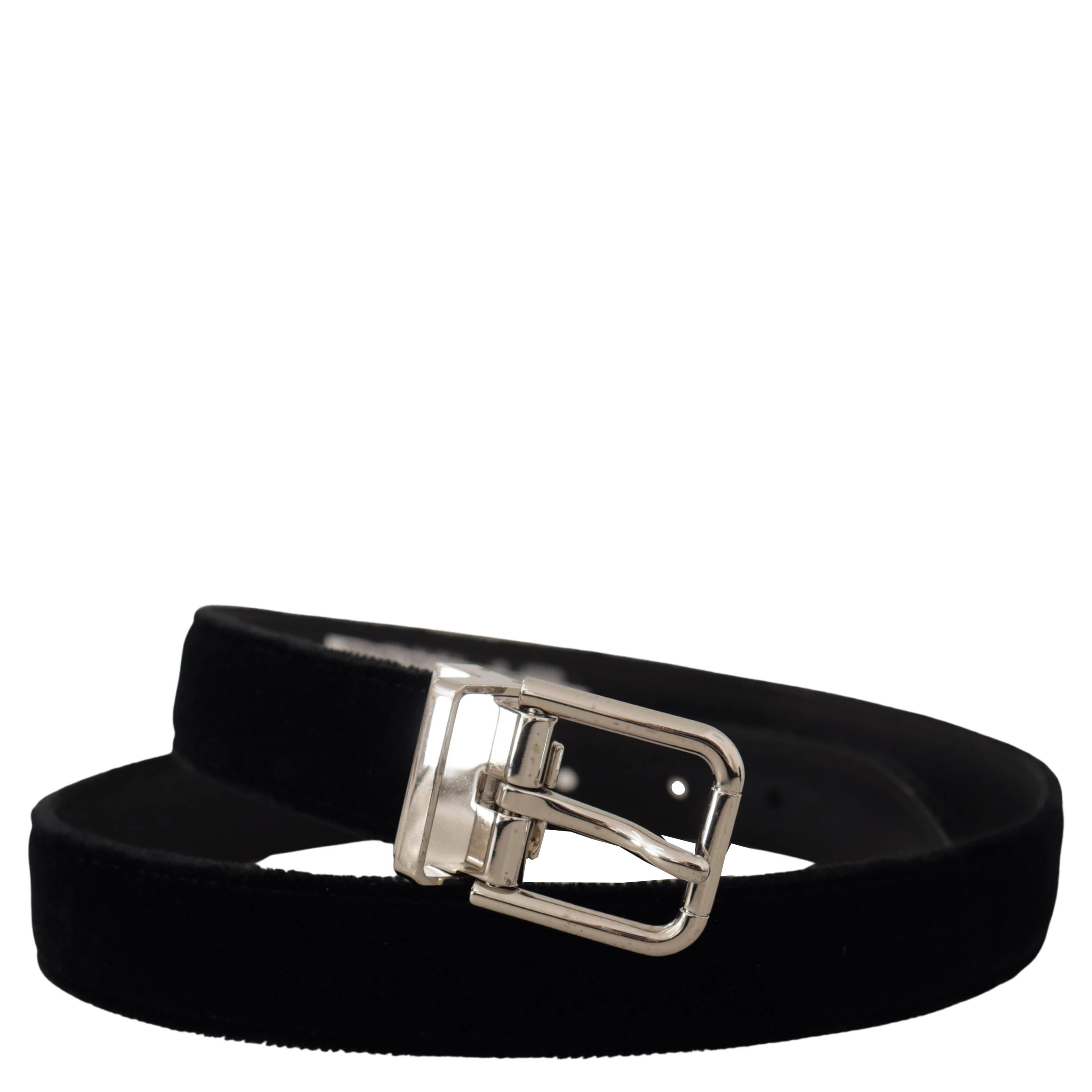 Black Velvet Silver Tone Metal Logo Buckle Belt