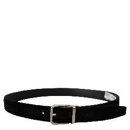 Black Velvet Silver Tone Metal Logo Buckle Belt