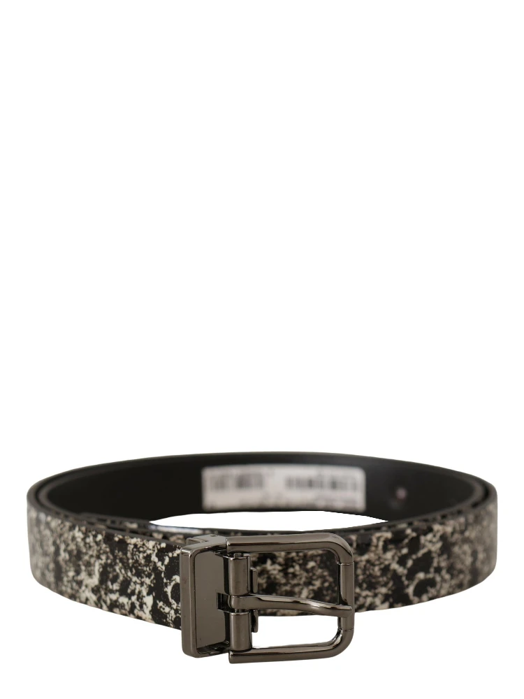 Black Marble Print Leather Gray Logo Belt