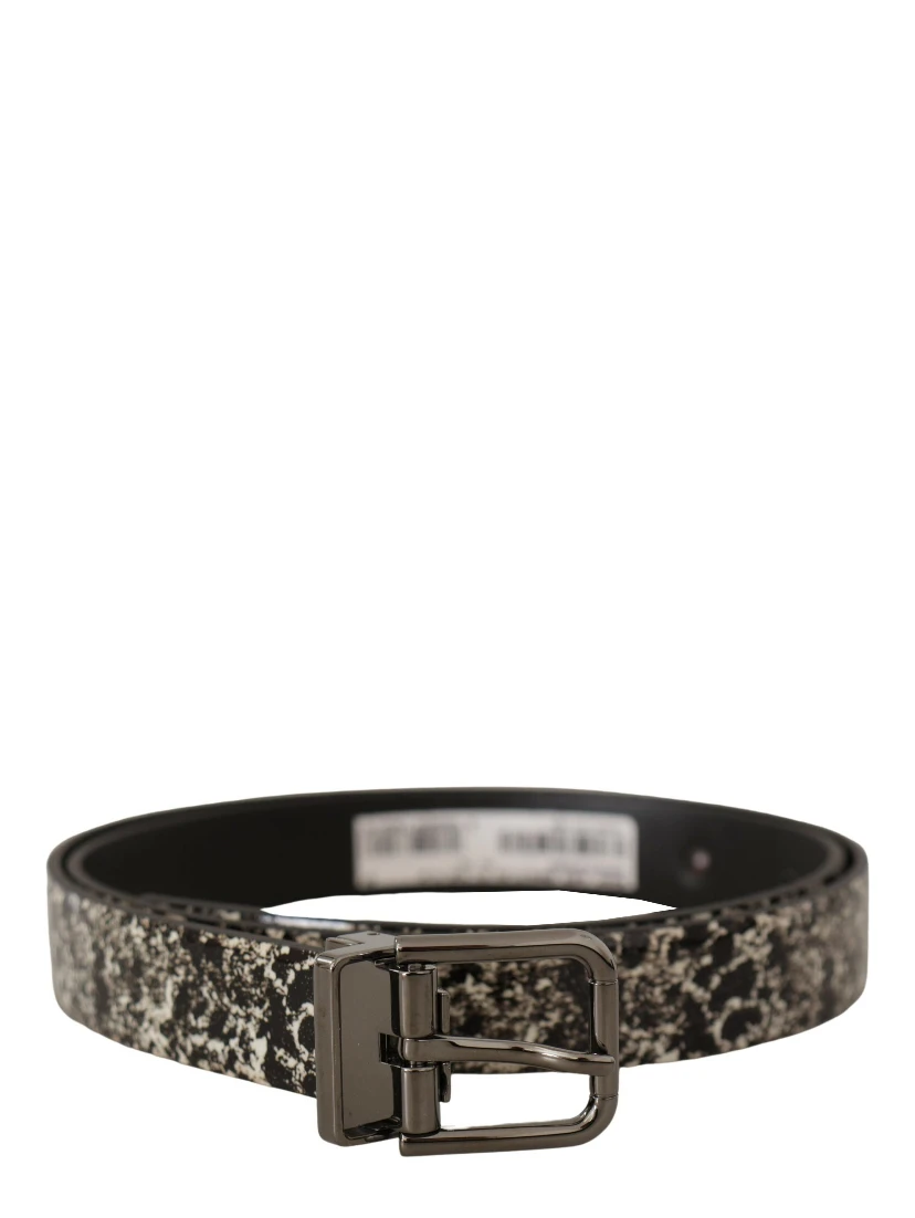 Black Marble Print Leather Gray Logo Belt