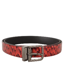 Red Herringbone Leather Gray Tone Buckle Belt