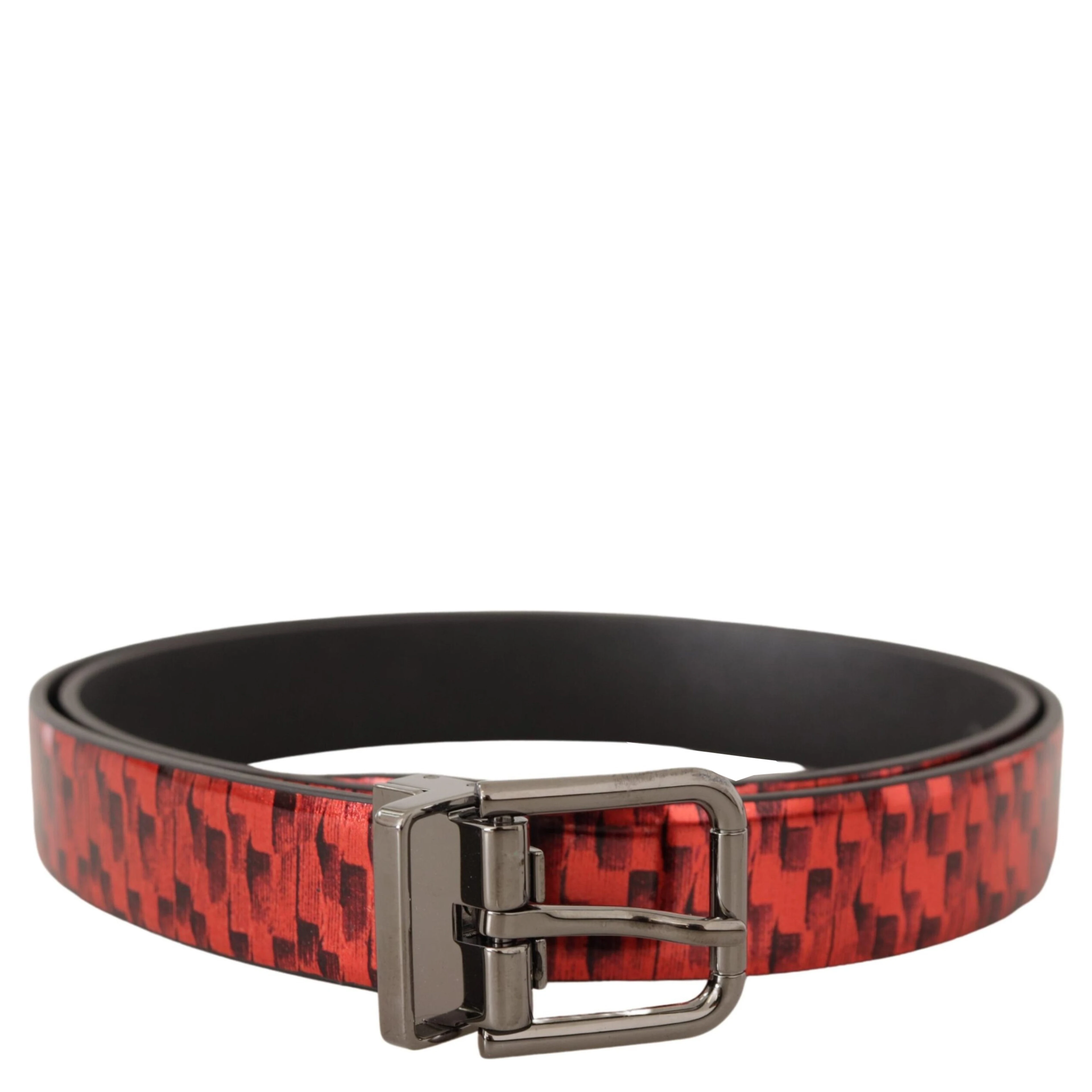Red Herringbone Leather Gray Tone Buckle Belt