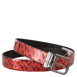 Red Herringbone Leather Gray Tone Buckle Belt