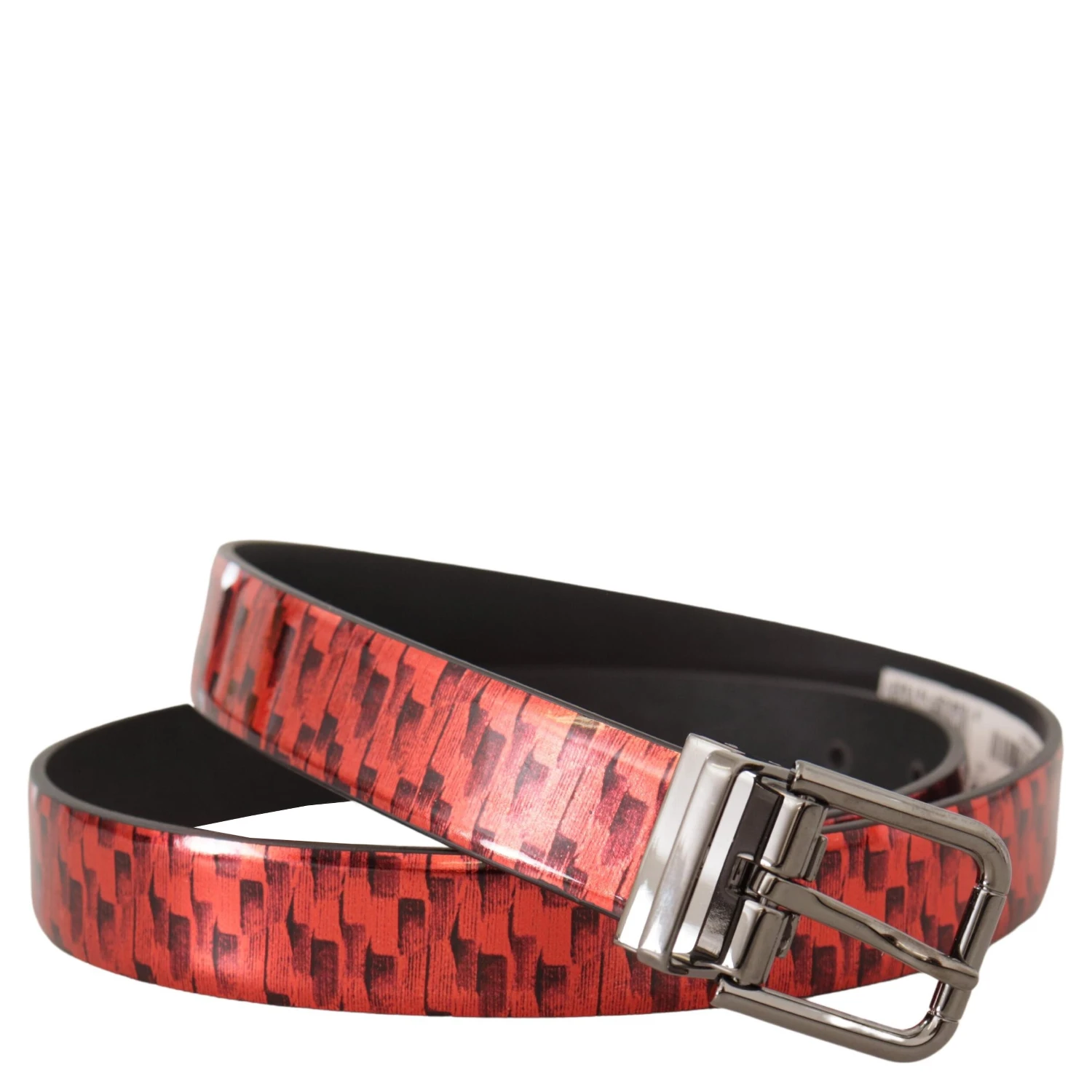 Red Herringbone Leather Gray Tone Buckle Belt