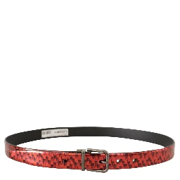 Red Herringbone Leather Gray Tone Buckle Belt