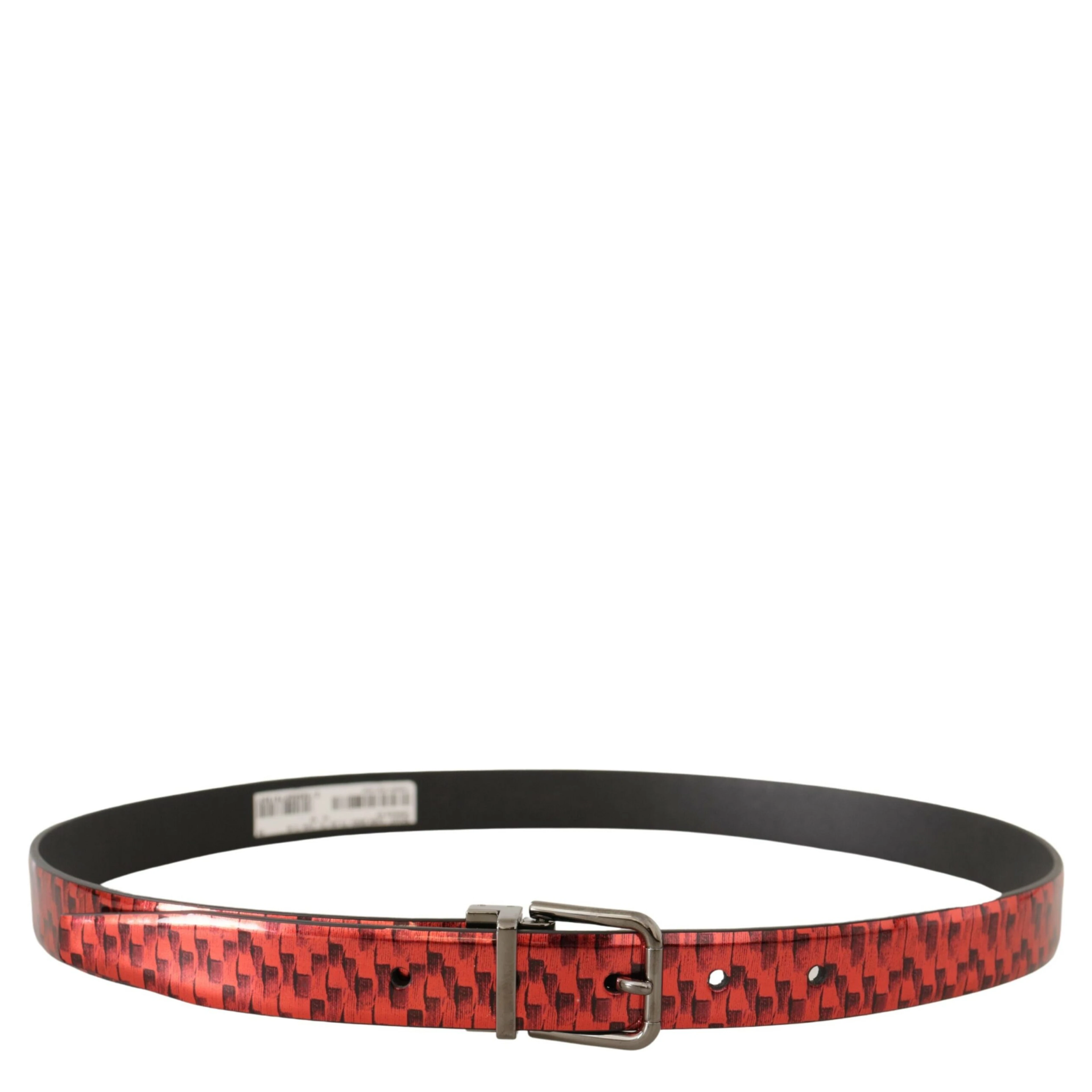 Red Herringbone Leather Gray Tone Buckle Belt