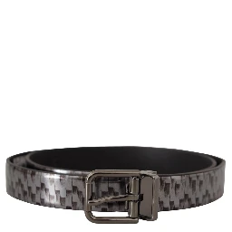 Gray Herringbone Leather Gray 3D Metal Buckle Belt