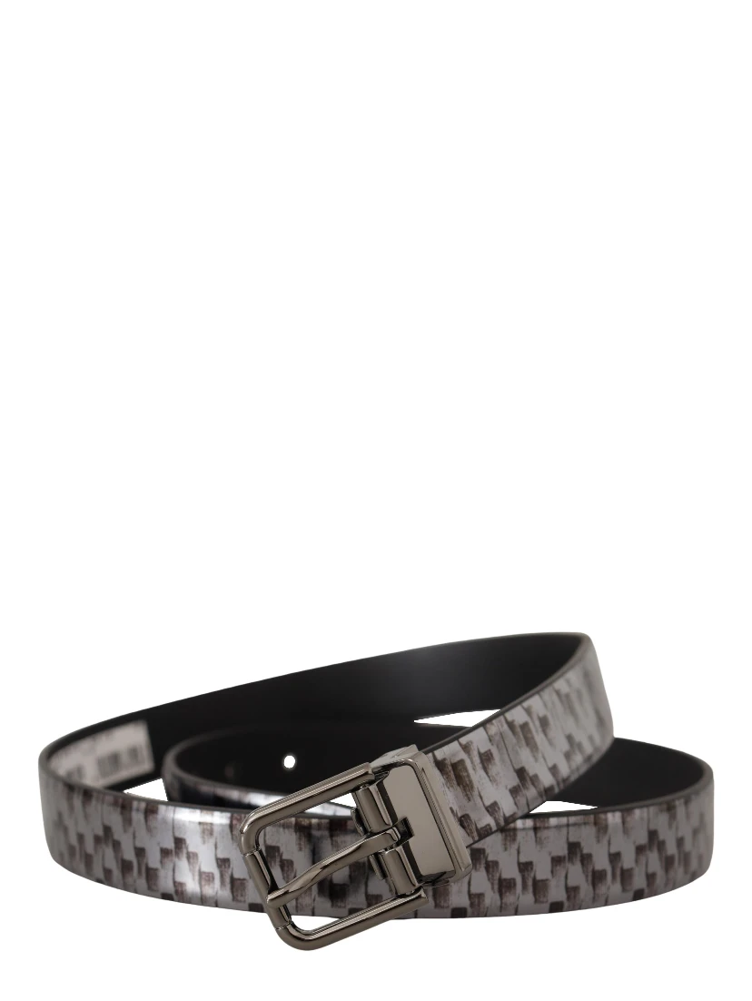 Gray Herringbone Leather Gray 3D Metal Buckle Belt