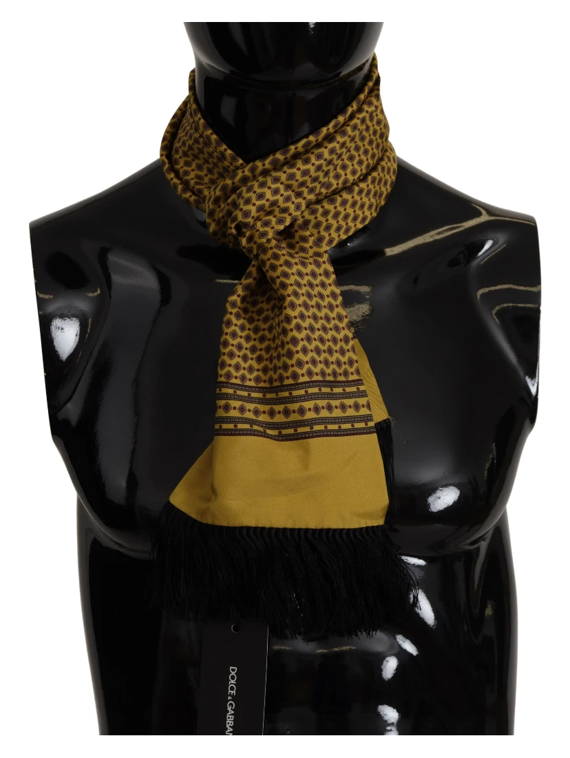 Yellow Patterned Silk Neck Wrap Fringe Scarf