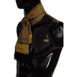 Yellow Patterned Silk Neck Wrap Fringe Scarf