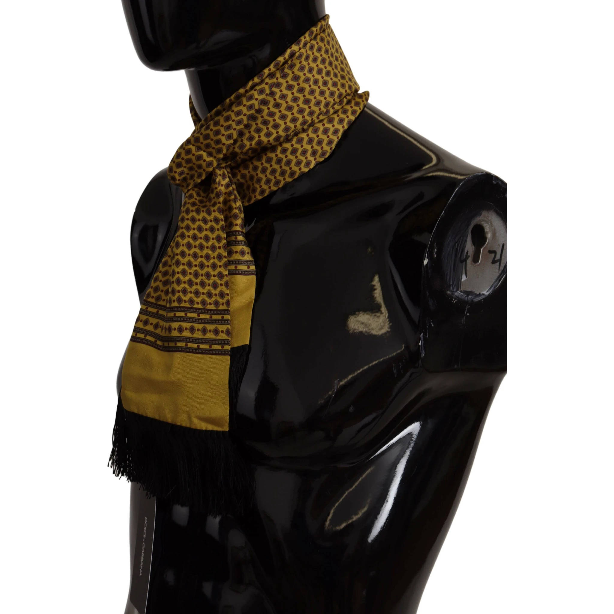 Yellow Patterned Silk Neck Wrap Fringe Scarf