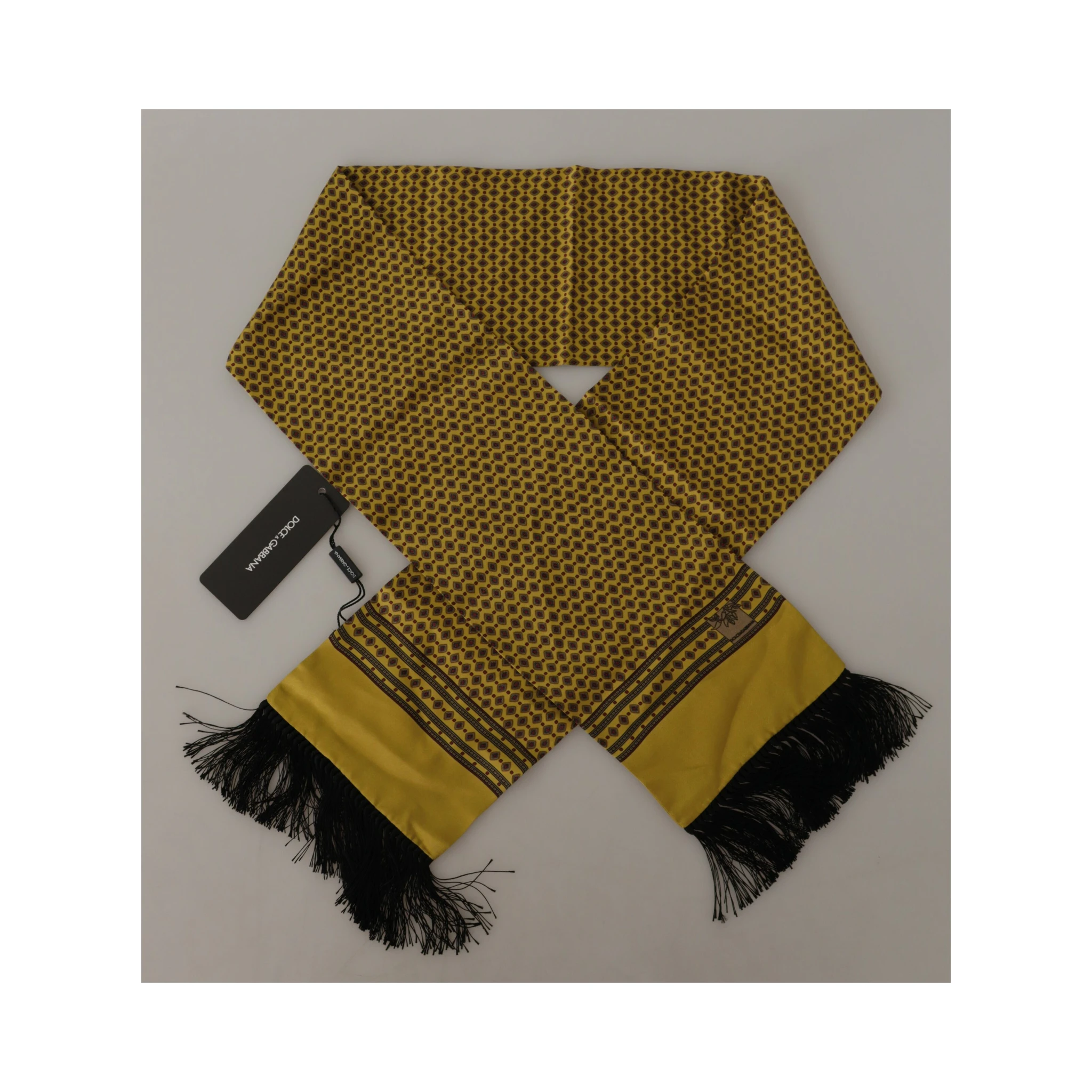 Yellow Patterned Silk Neck Wrap Fringe Scarf