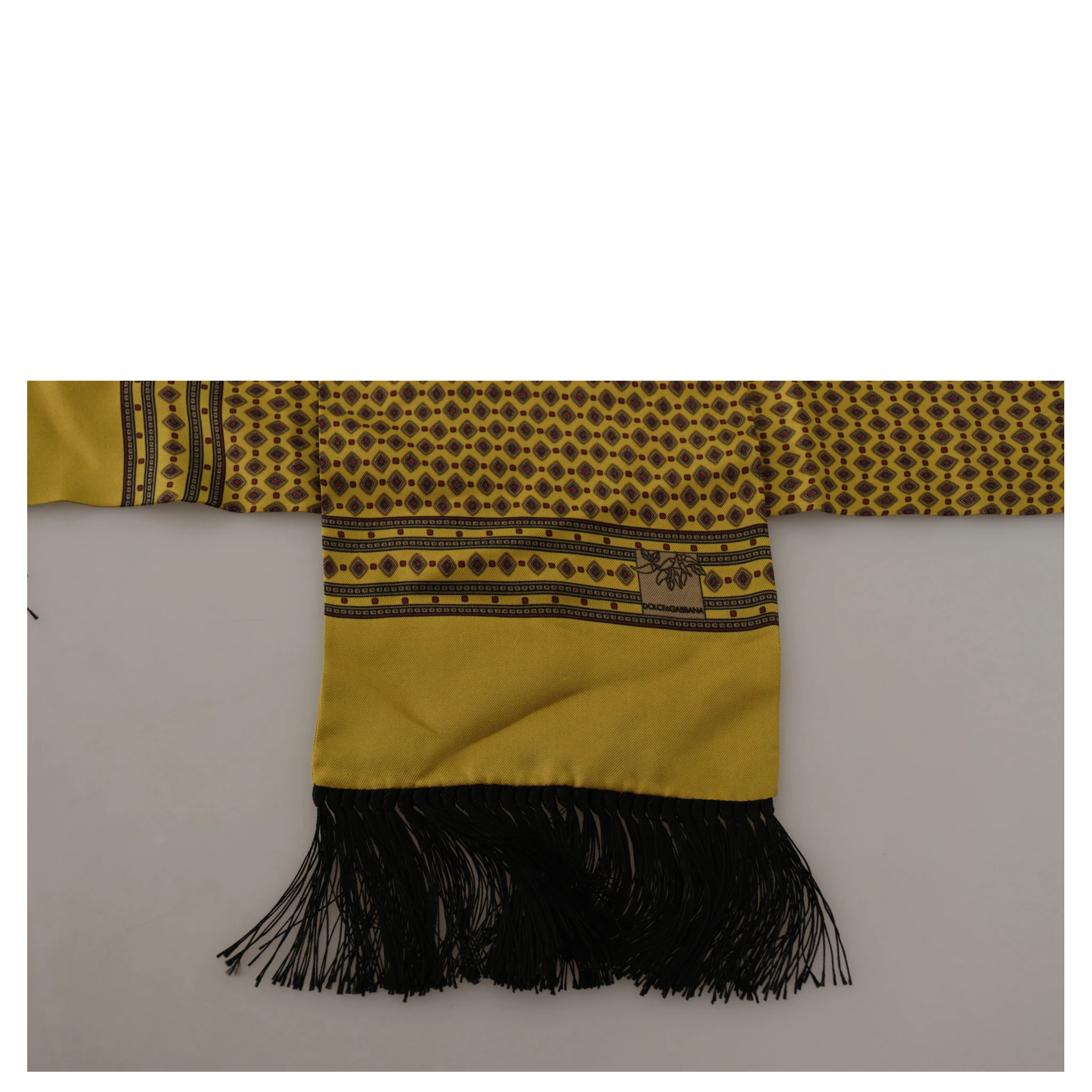 Yellow Patterned Silk Neck Wrap Fringe Scarf
