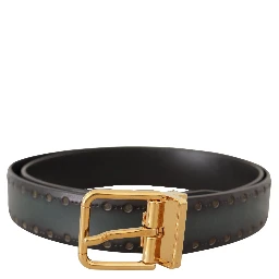 Green Perforated Leather Brass Metal Belt