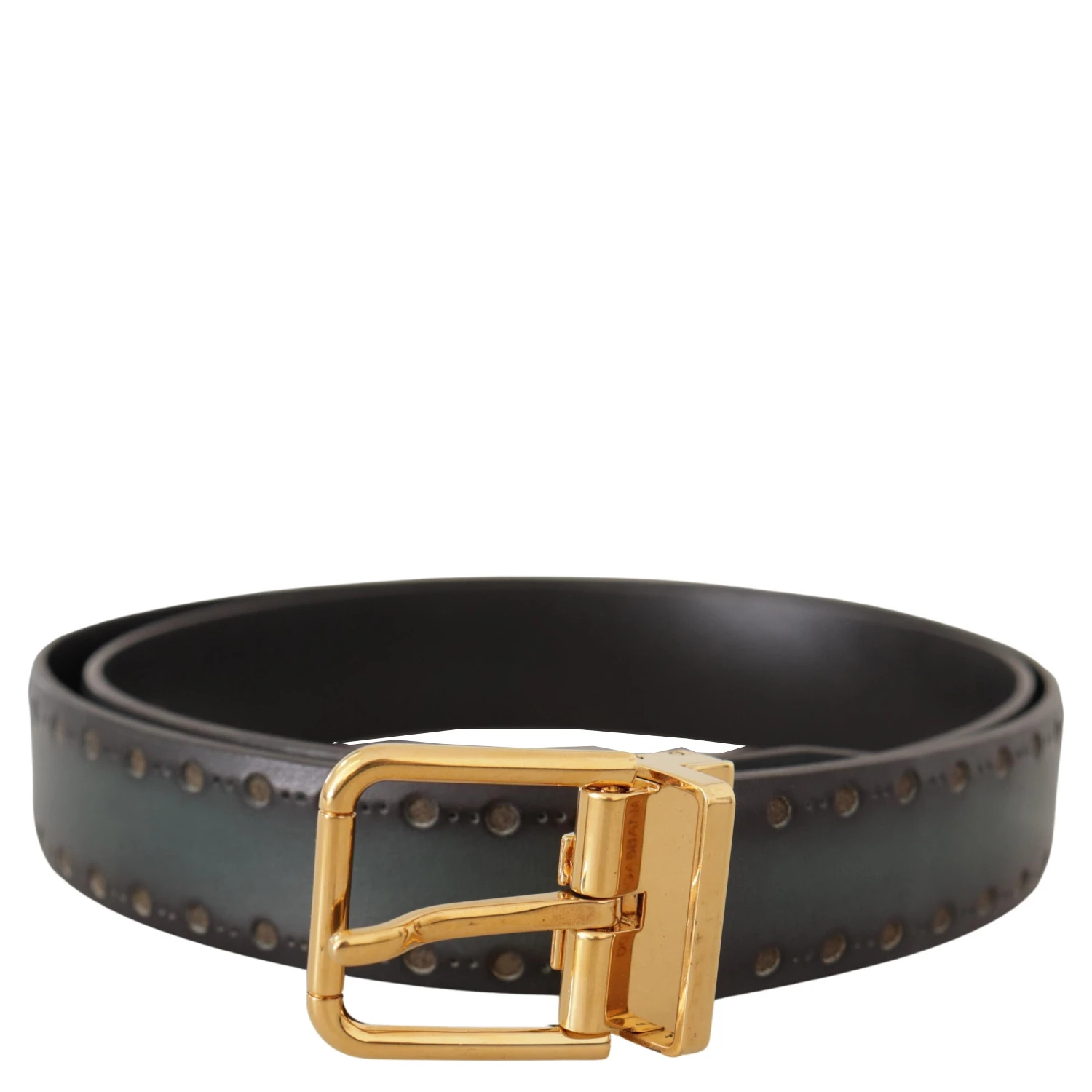Green Perforated Leather Brass Metal Belt