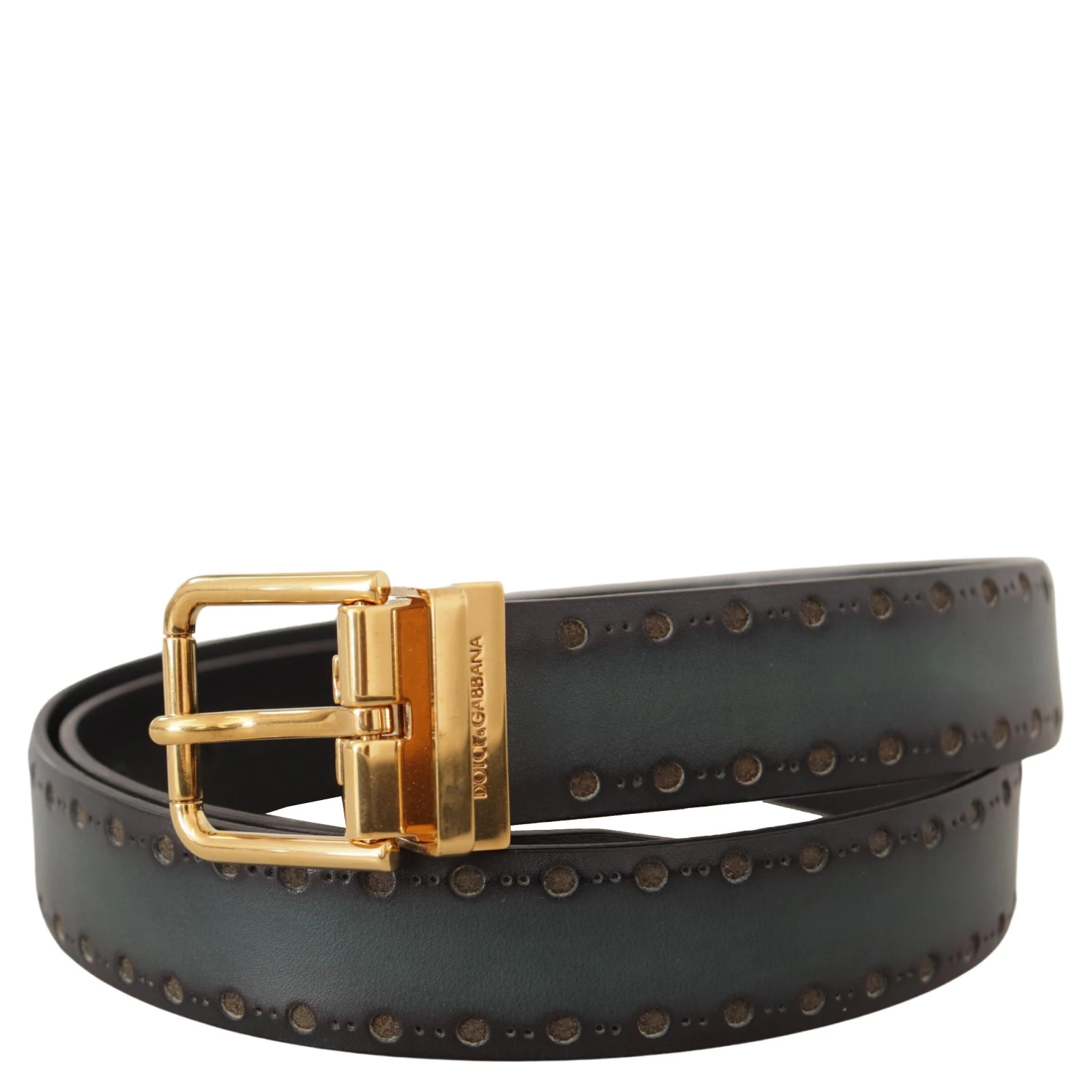 Green Perforated Leather Brass Metal Belt