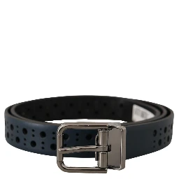 Navy Blue Perforated Leather Skinny Metal Buckle Belt