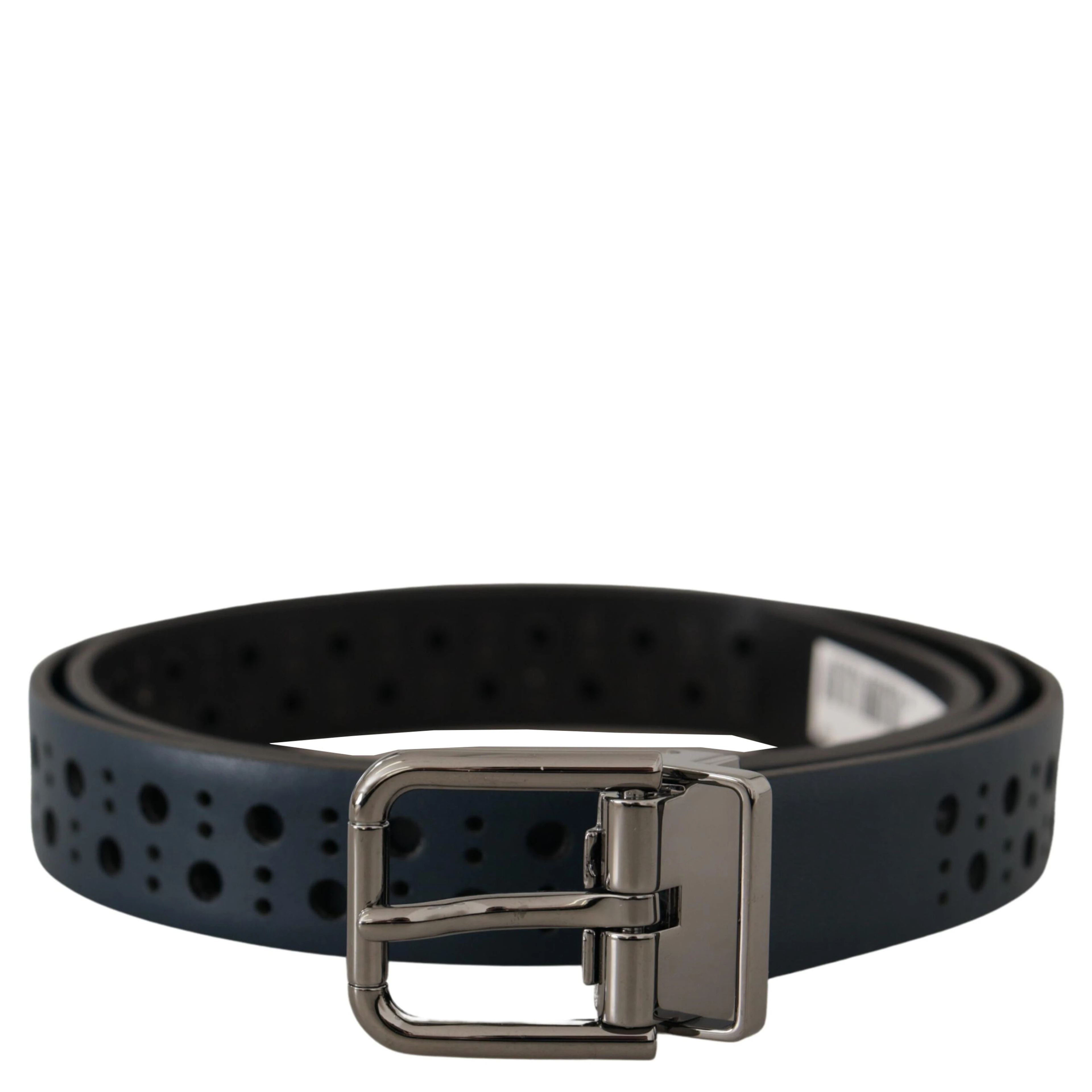 Navy Blue Perforated Leather Skinny Metal Buckle Belt