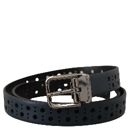 Navy Blue Perforated Leather Skinny Metal Buckle Belt