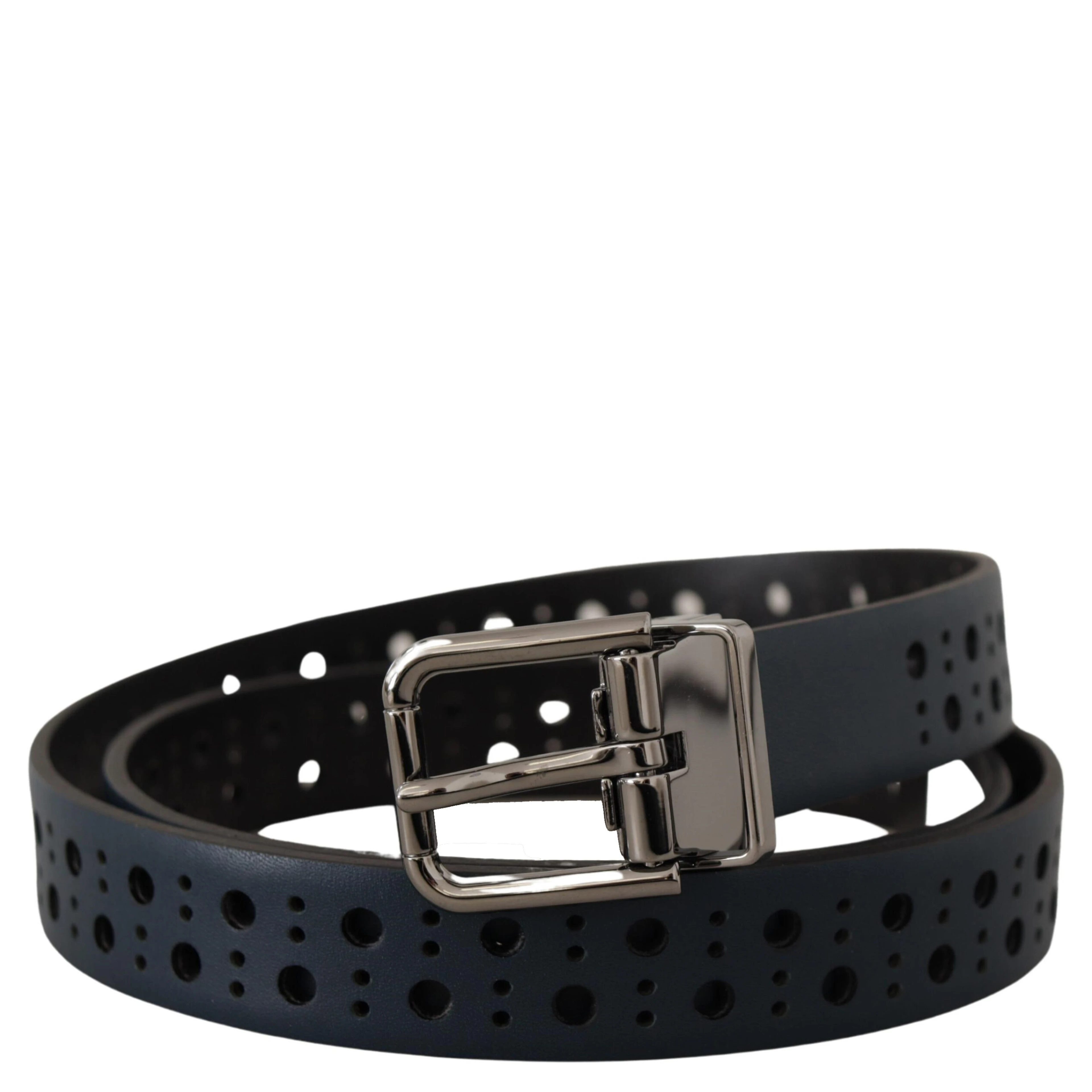 Navy Blue Perforated Leather Skinny Metal Buckle Belt