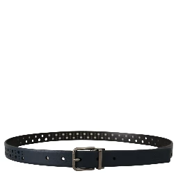 Navy Blue Perforated Leather Skinny Metal Buckle Belt